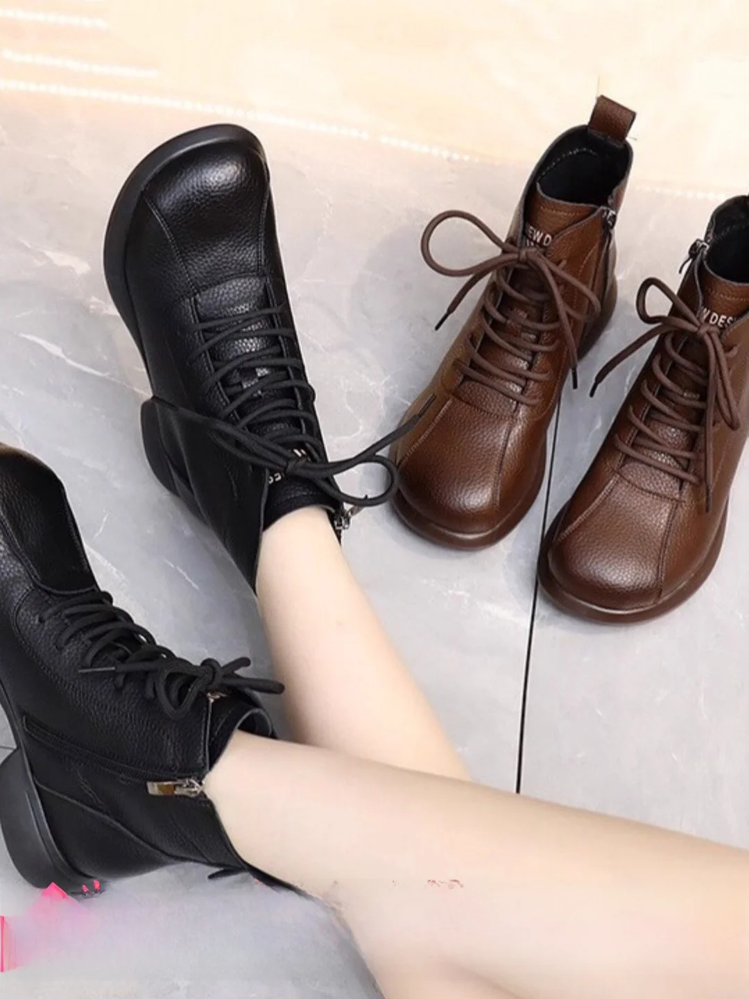 

Мягкие ботинки в стиле ретро, женские противоскользящие кожаные ботинки на подкладке, ботинки с круглым носком, корейские зимние ботинки