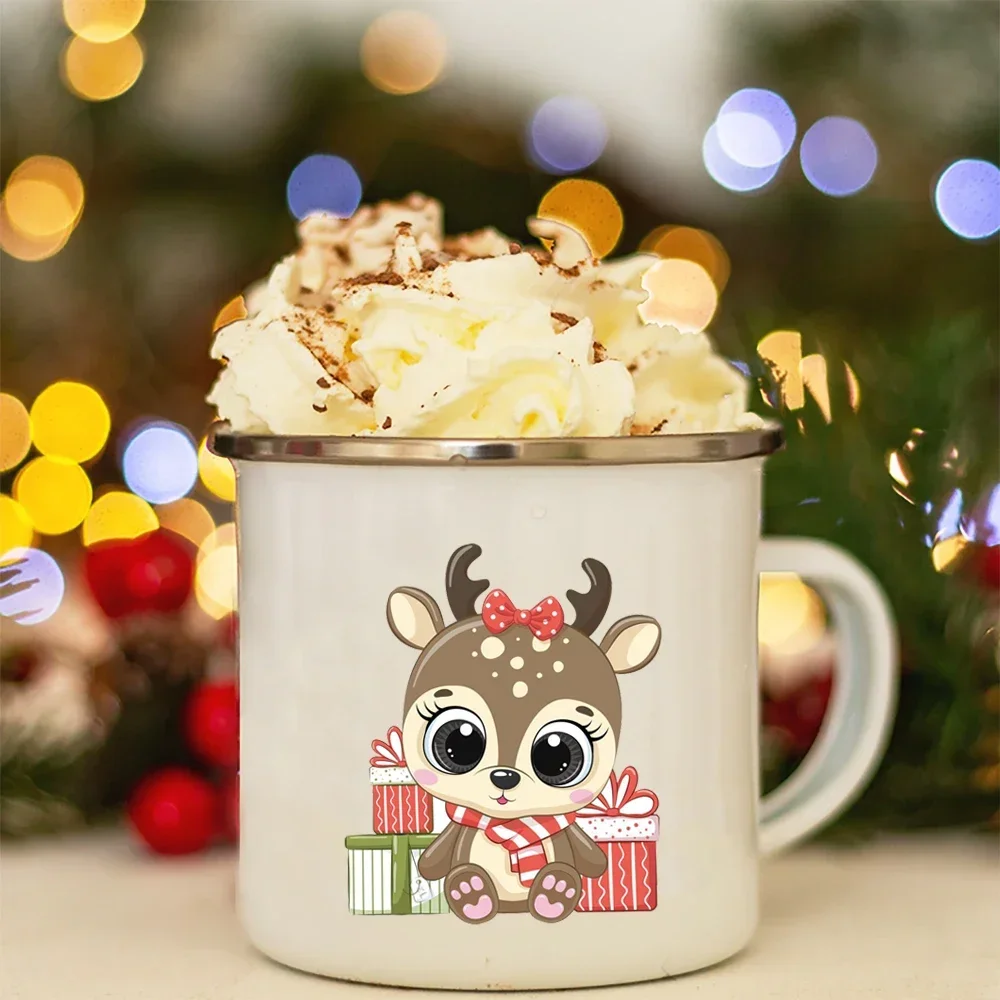 Juice Drink Mugs Deer Printed Enamel Coffee Cups Kids Handle Milk Cup Decor Children's Day Birthday New Year Christmas Eve Gifts