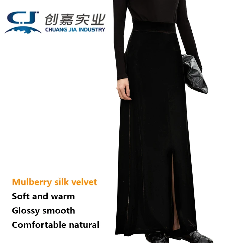 Silk Velvet Women Skirt Spring Autumn Mulberry Silk black Elastic Waist Long Comfortable Skirt Temperament Elegant Noble Luxury