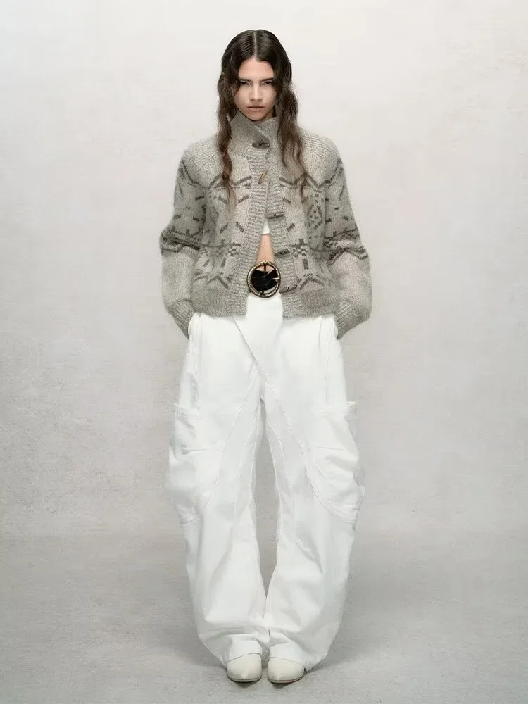 

Jacquard Knitted Cardigan Sweater For Women Single-Row Sheep Horn Buckle Coats Standing Collar Grey Jackets Keep-Warm Female Top