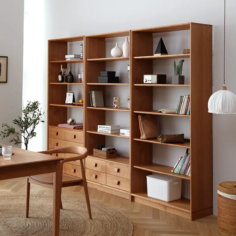 Nordic solid wood bookshelf, modern and minimalist cherry wood shelf, bookshelf combination, wood wax oil environmentally