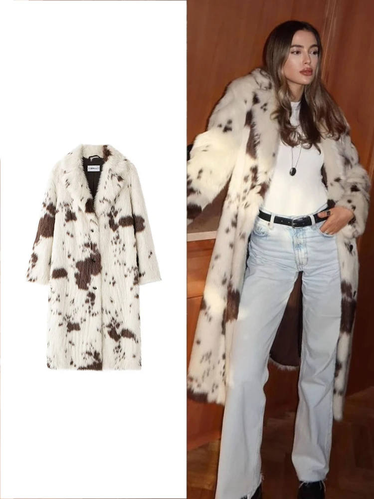 TRAF Women Fashion Printed Leopard Faux Fur Coat Autumn and Winter Lapel Single Breasted Thick Coat High Street Warm Plush Coat