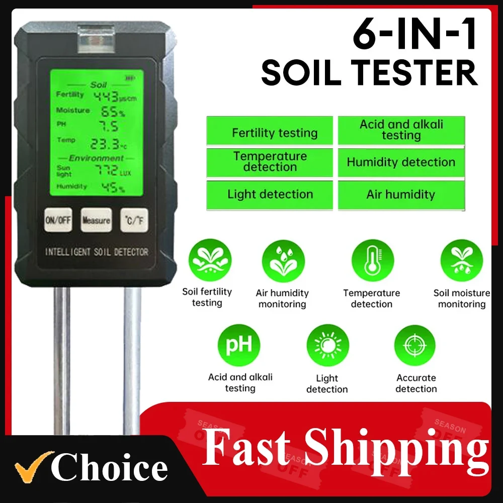 6 in 1 Multifunctional Soil Tester pH Temperature Humidity Sunlight Air Moisture Nutrient Fertility Meter Gardening Tool