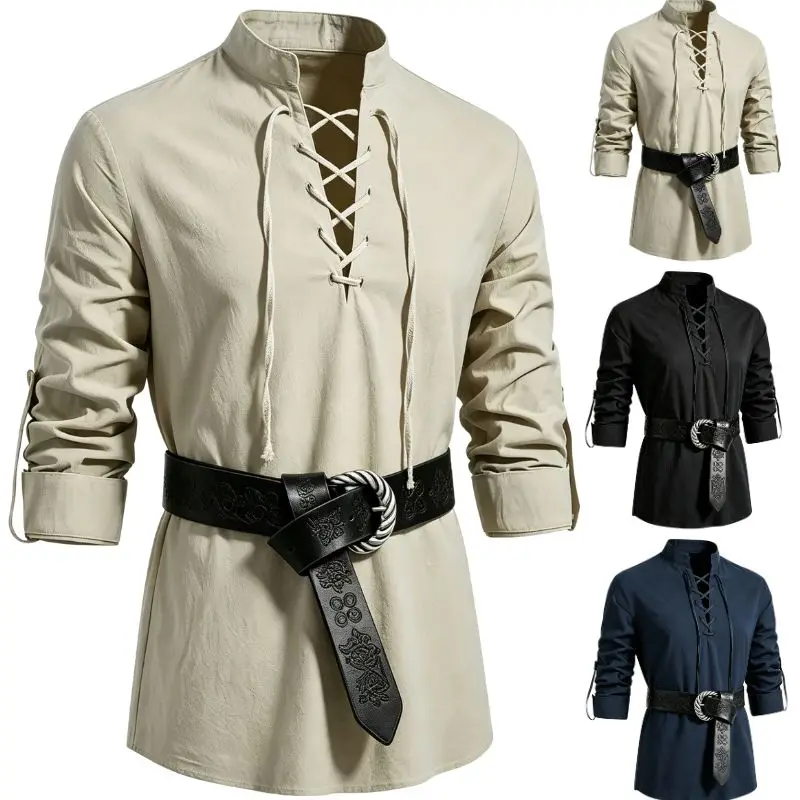 Camisa de cosplay gótica de pirata medieval para hombre, con cinturón de cuero tallado, cuello alto y manga larga, ideal para disfraces de Halloween o para la época renacentista.