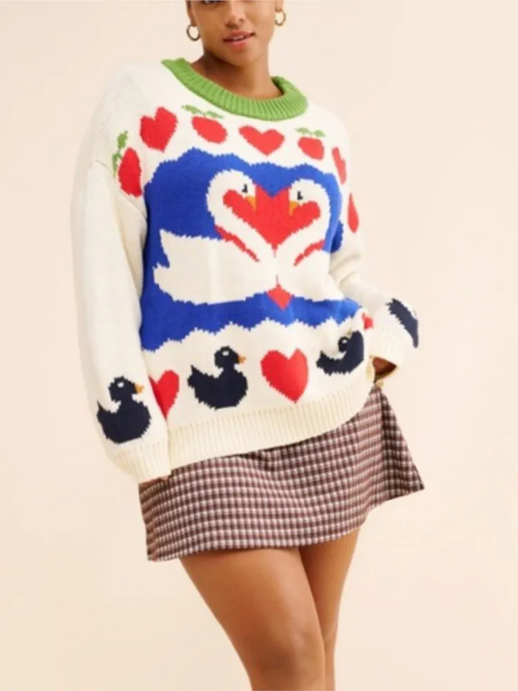 

Fashionable Love Swan Jacquard Casual Commuting Round Neck Pullover Knitted Sweater Color Colorful Winter Clothes Woman Femmes