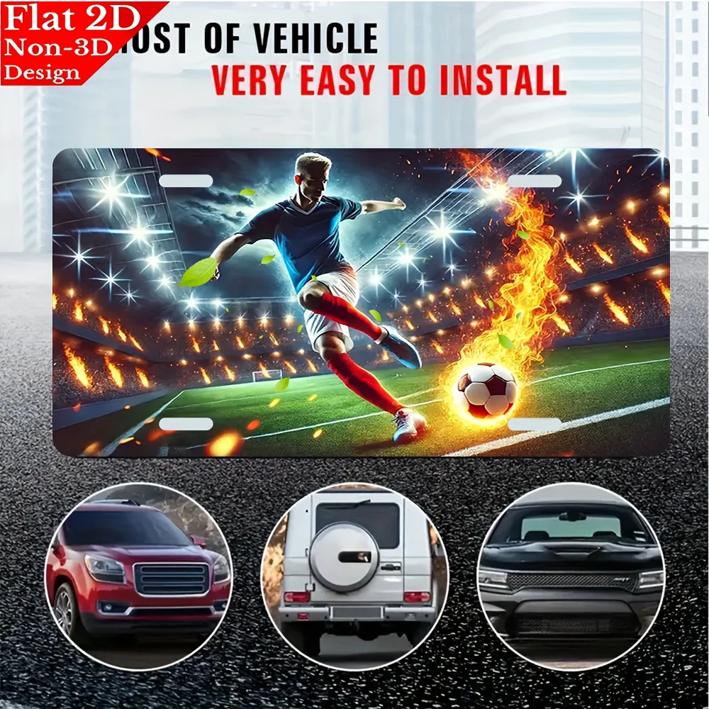 2D flat, 1pc Soccer player kicking flaming ball Aluminum License Plate,Decorative  Front License Plate, for Decoration Only,