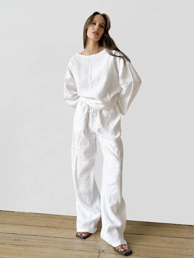 HiLoc White Cotton Linen Pants Sets Pajamas Women Two Pieces Suit Homewear 2024 Round Neck Tees And Drawstring Pants Female Fall