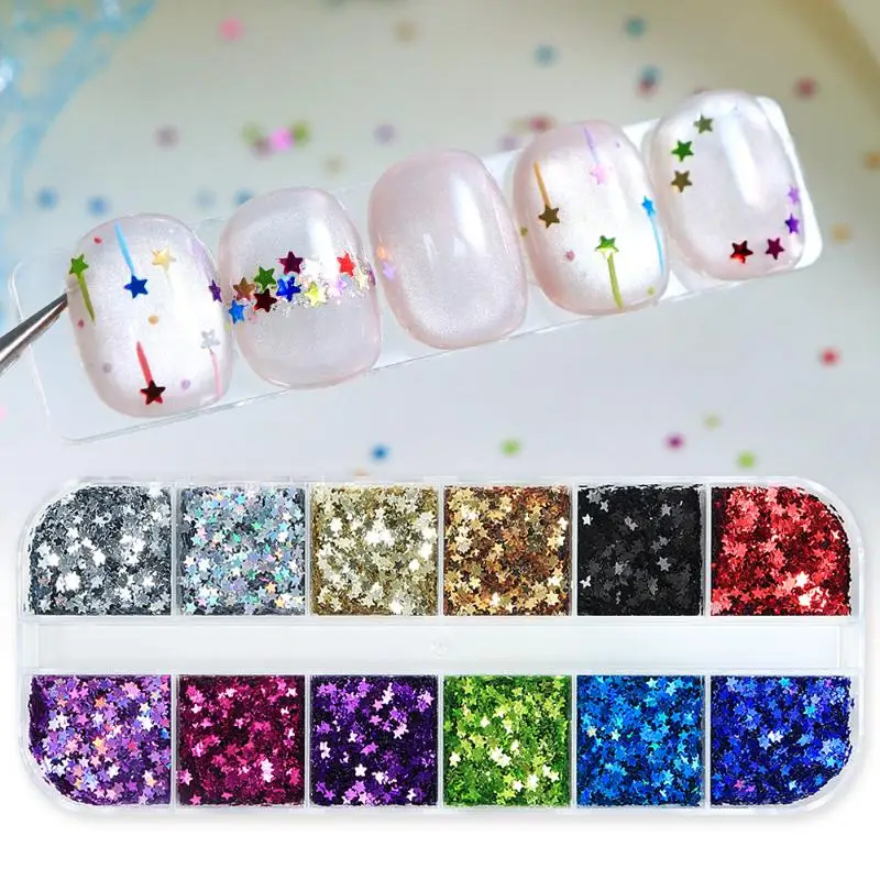 12 Grids/Box 3D Mini Star Nail Glitter Sequins 2mm Holographic Love Pentagram Flakes Sparkling Nail Art Decorations Paillettes