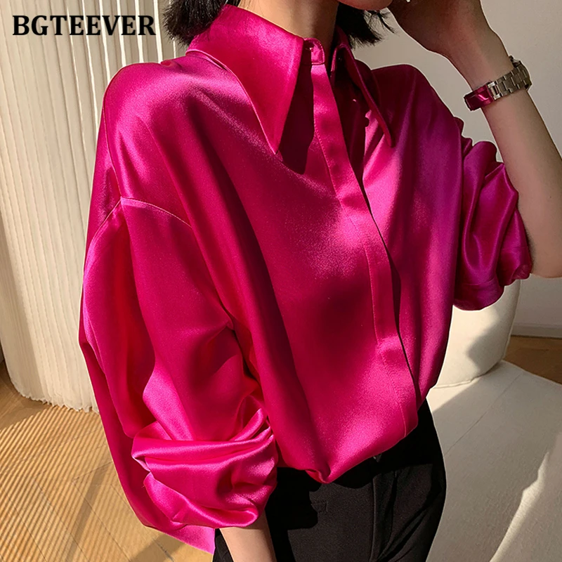 BGTEEVER Stylish Single-breasted Female Satin Blouses Tops Long Sleeve Loose Solid Women Shirts Spring Ladies Blusas