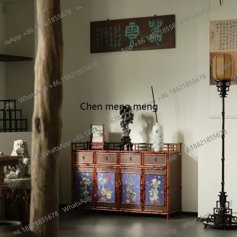 

Classical furniture enamel color quadruple cabinet Chinese vintage bamboo side cabinet entrance living room, tea space, home use