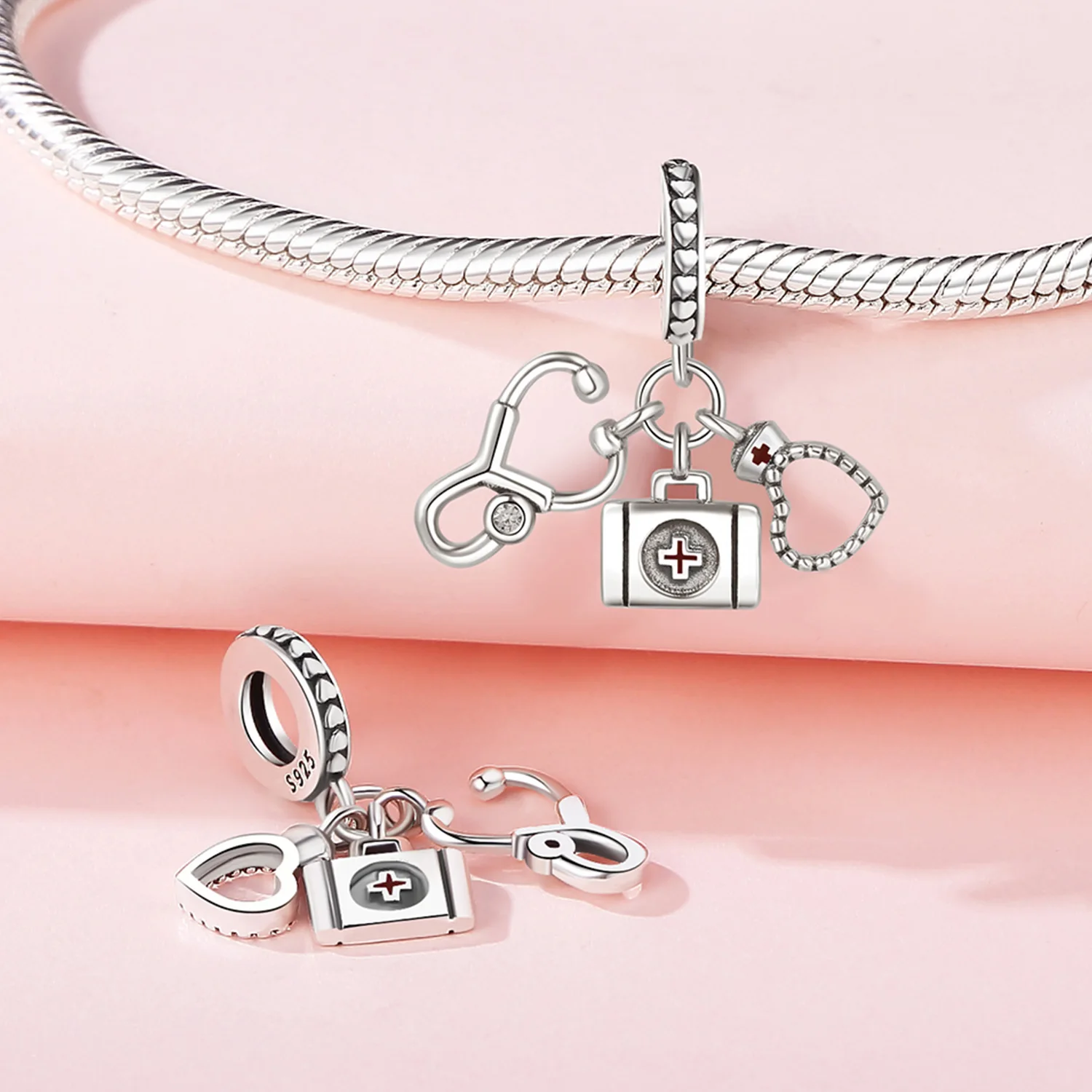 S925 Sterling Silver Charm Health Medical Care Love Doctor Nurse Stethoscope Pendant For Bracelet DIY Jewelry Making Accessories