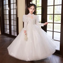 Sequins Girls Dress for Party Wedding White Long sleeve Dress Formal Children Retro Princess Pageant Gown Kids Dresses for Girls