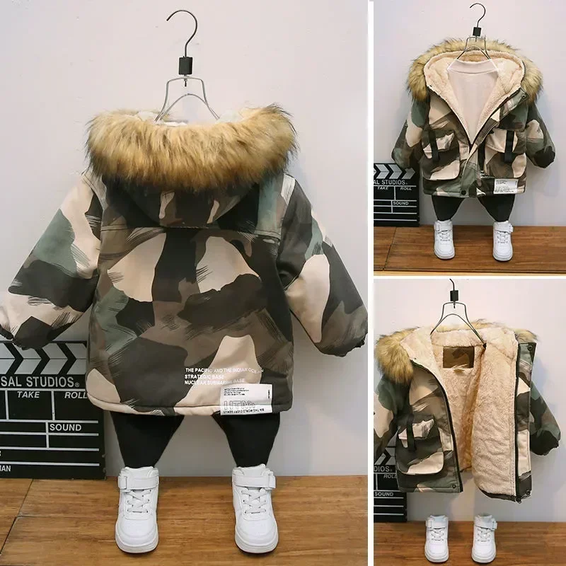 Winter Boys Coat Baby Fur Collar Hooded Cotton Plus Velvet Thicken Warm Camouflage Jacket for Children\'s Outwear Kids Clothes