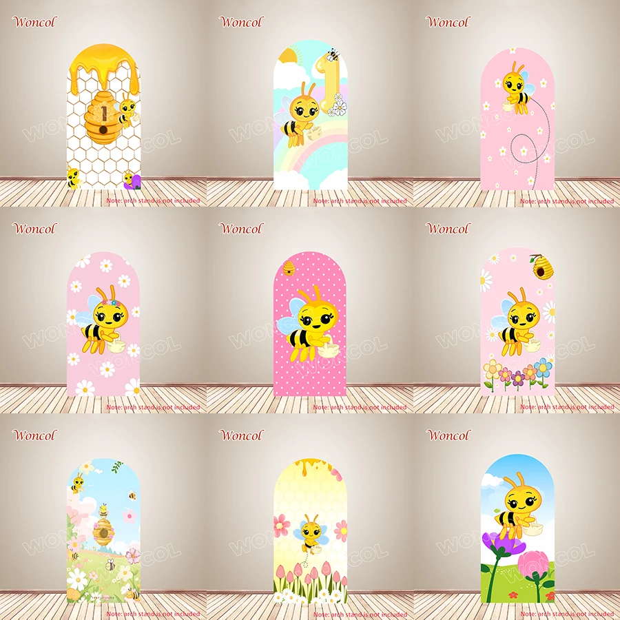 Little Bee Birthday Arch Cover Honey Bee Themed Background Polyester Double-Sided Cute Bee Baby Shower Arch Backdrop