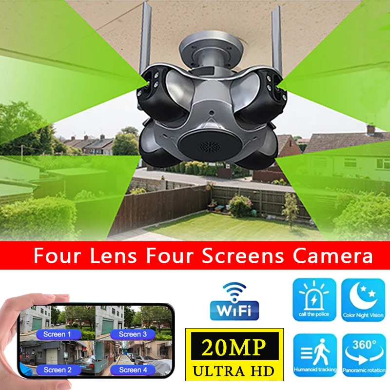 

20MP Four Screens WiFi IP Camera Home Security Outdoor Wireless CCTV Auto Tracking Smart Four Lens PTZ Surveillance Cam