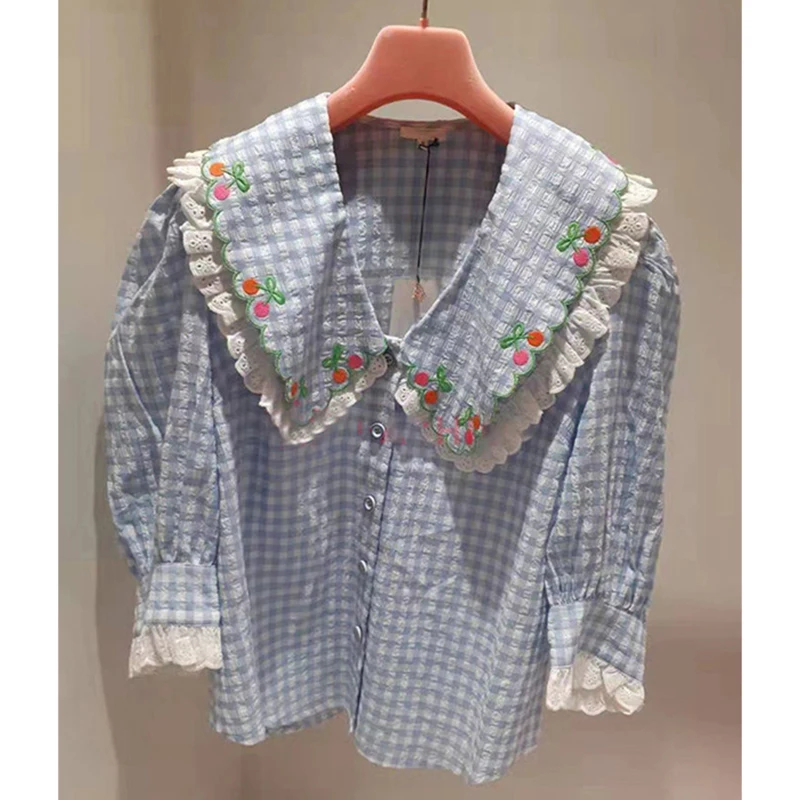 Kawaii Plaid Shirts Women Japanese Cute Cropped Lace Patchwork Blouses Summer Fashion Embroidery Puff Short Sleeve Design Tops view 5