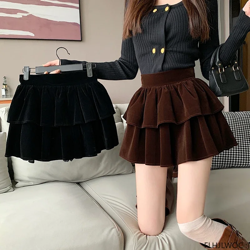 Winter Velvet Skirts New Design 2024 New Year  Autumn Japan Girls Chic Fashion Layer Ruffles Elastic Waist Mini Skirt