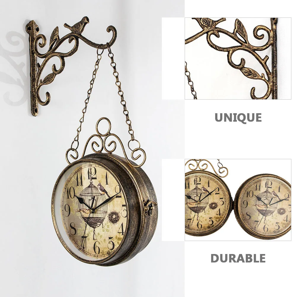 

Decorative Wall Clock Vintage Style Double-Side Iron Hanging Clock for Home Living Room Retro Design Silent Movement