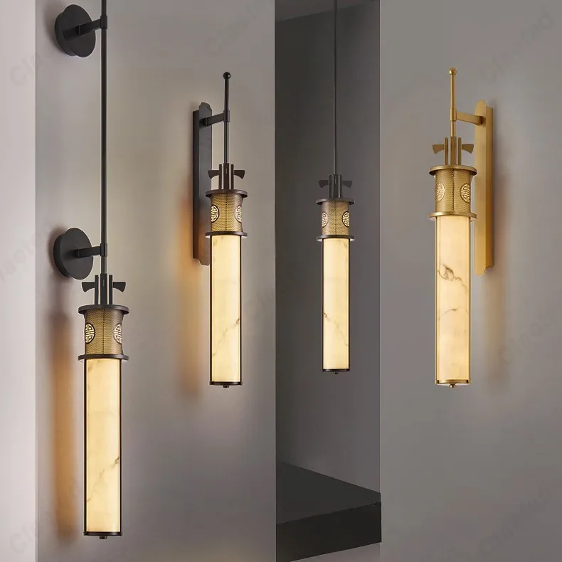 New Chinese LED Metal Wall Lamp Marble Lamp Hotel Living Room Background Wall Corridor Bedroom Bedside Decorative Lighting