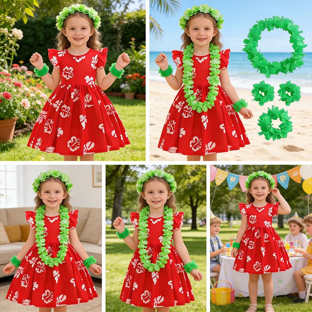 Girls Summer Dresses Flower Print Hawaiian Beach Style Vacation Dress with Accessories Children's Bonfire Party Costume Purim