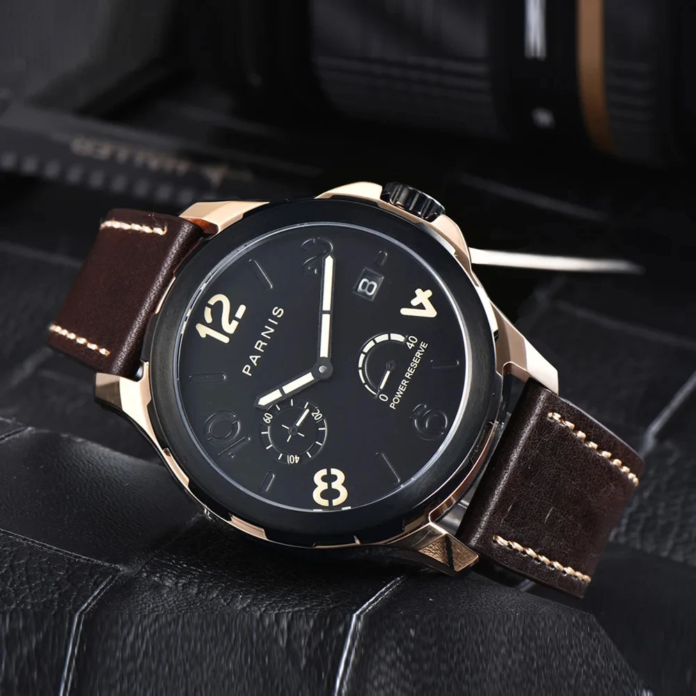 Parnis 44 mm zilveren kast bruine cijfers zwarte wijzerplaat automatisch mechanisch herenhorloge gangreserve-indicator saffierkristal horloge