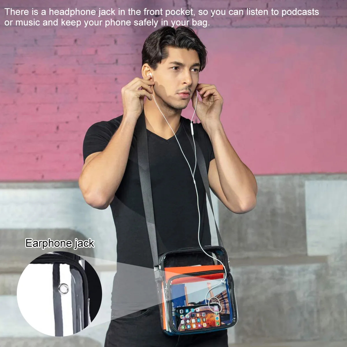 Hand-free Transparent Crossbody Bag PVC Waterproof Messenger Bag Headphone Jack Design Shoulder Bag for Concerts Sports Events