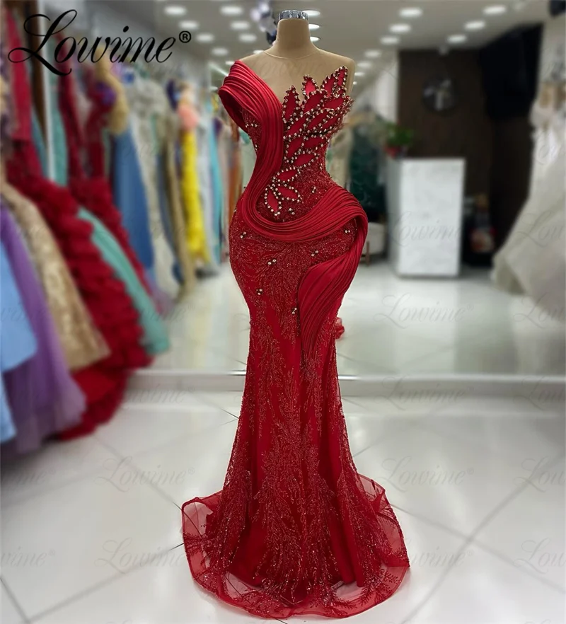 Aso Ebi vestido de graduación con cristales rojos para mujer, vestido de sirena con cuentas de lentejuelas, diseño de hoja 3D, vestido de noche árabe, vestidos de compromiso para fiesta de boda