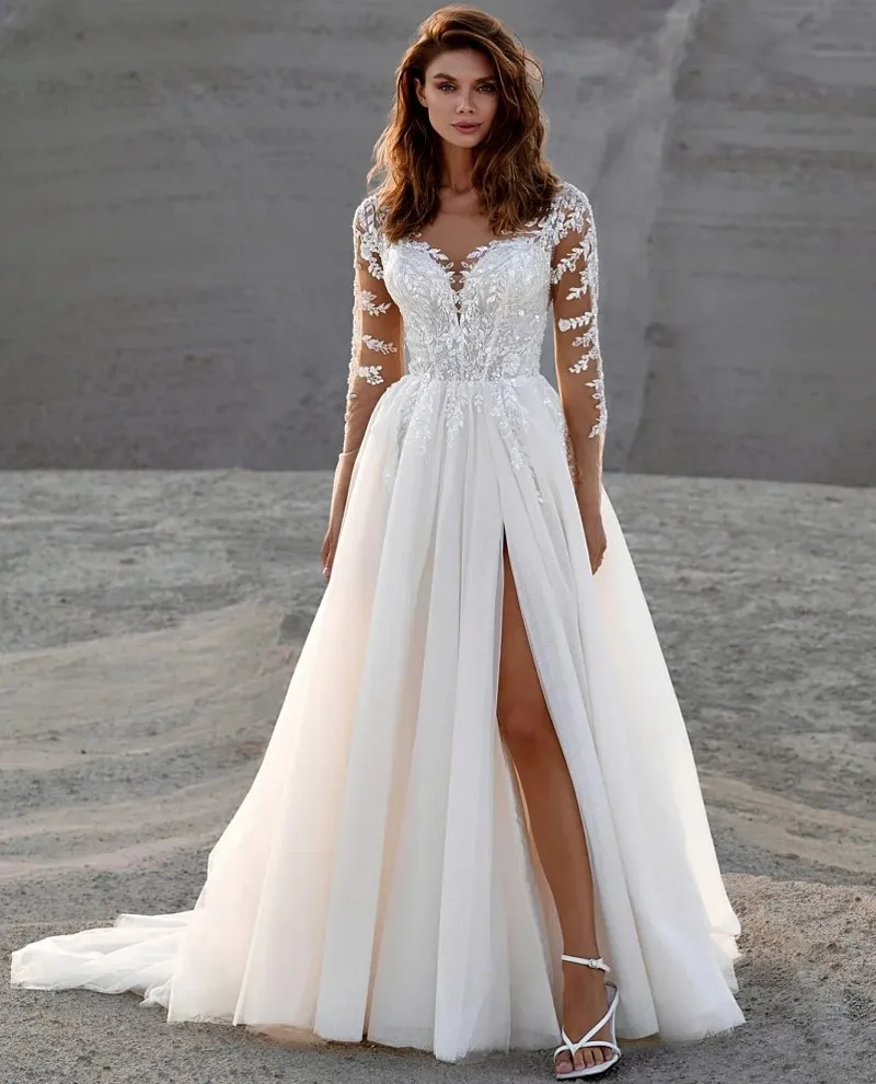 

Modern A-line Wedding Dress Sweetheart Long Sleeves Lace Beads Appliques Silt Boho Bride Bridal Gowns Abito Da Sposa vestidos