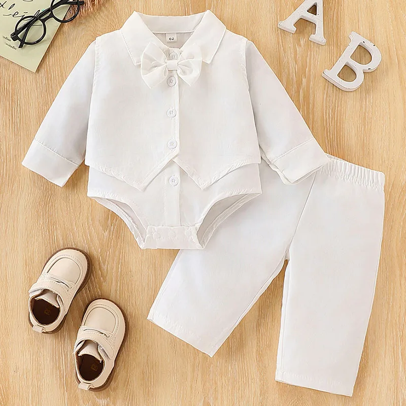 3Piece Spring Autumn Newborn Boy Clothes Korean Fashion Gentleman Tie White Cotton Bodysuit+Vest+Pants Baby Clothing Sets B310