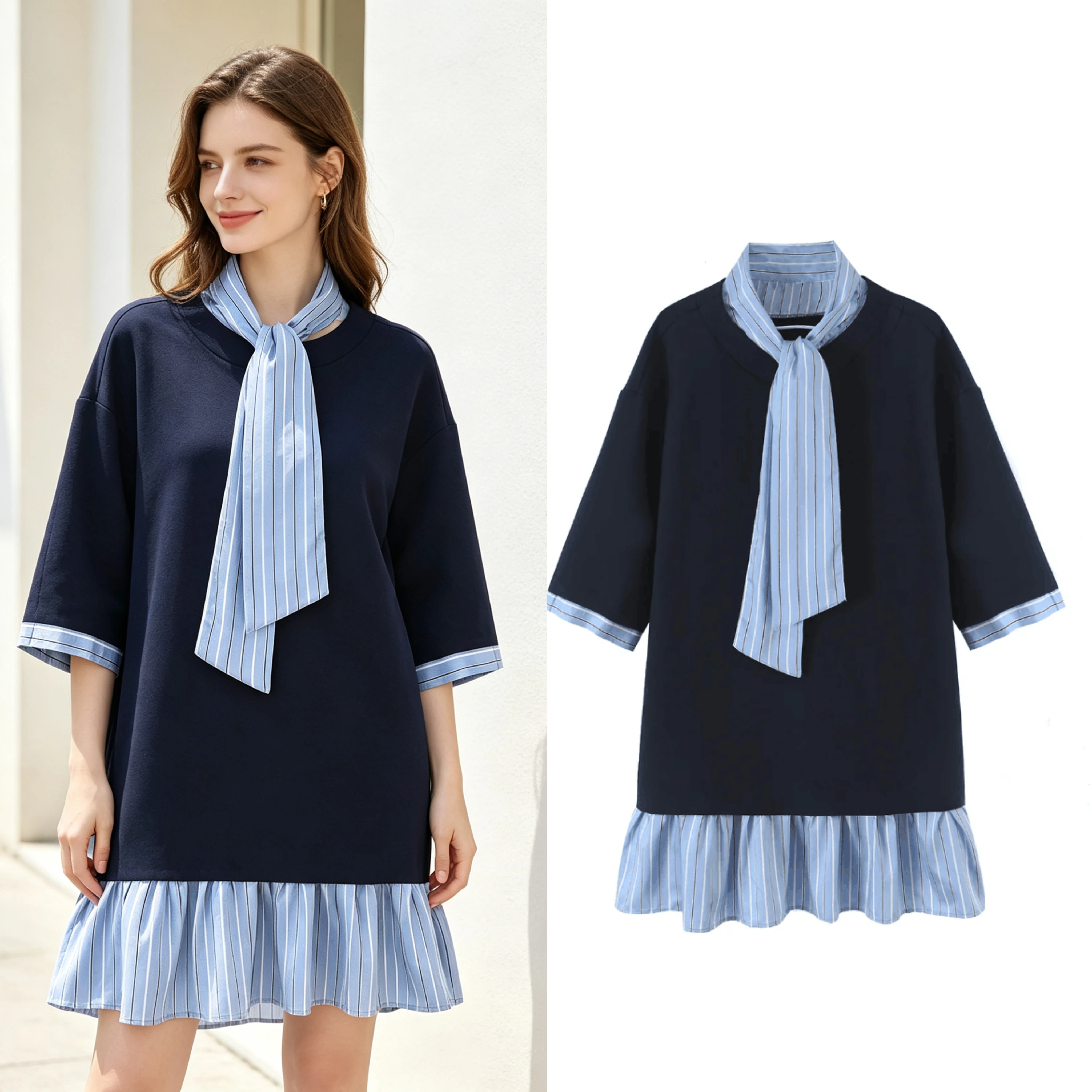 Women's Dress Striped Spliced Bow Tie Neck Short Sleeve Fashion Dress 2026 New Casual Female Loose Preppy Style Dresses