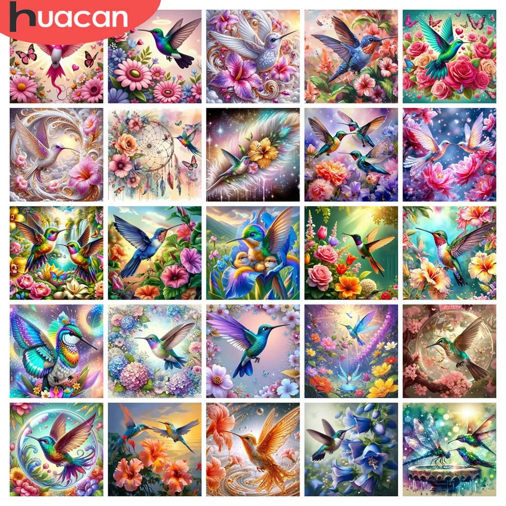 HUACAN Diamant-Mosaik, Vogel, Tier, voll, quadratisch, rund, Bohrer, Diamant-Gemälde, Kolibri, Rose, Pfingstrose, Blume, Heimdekoration