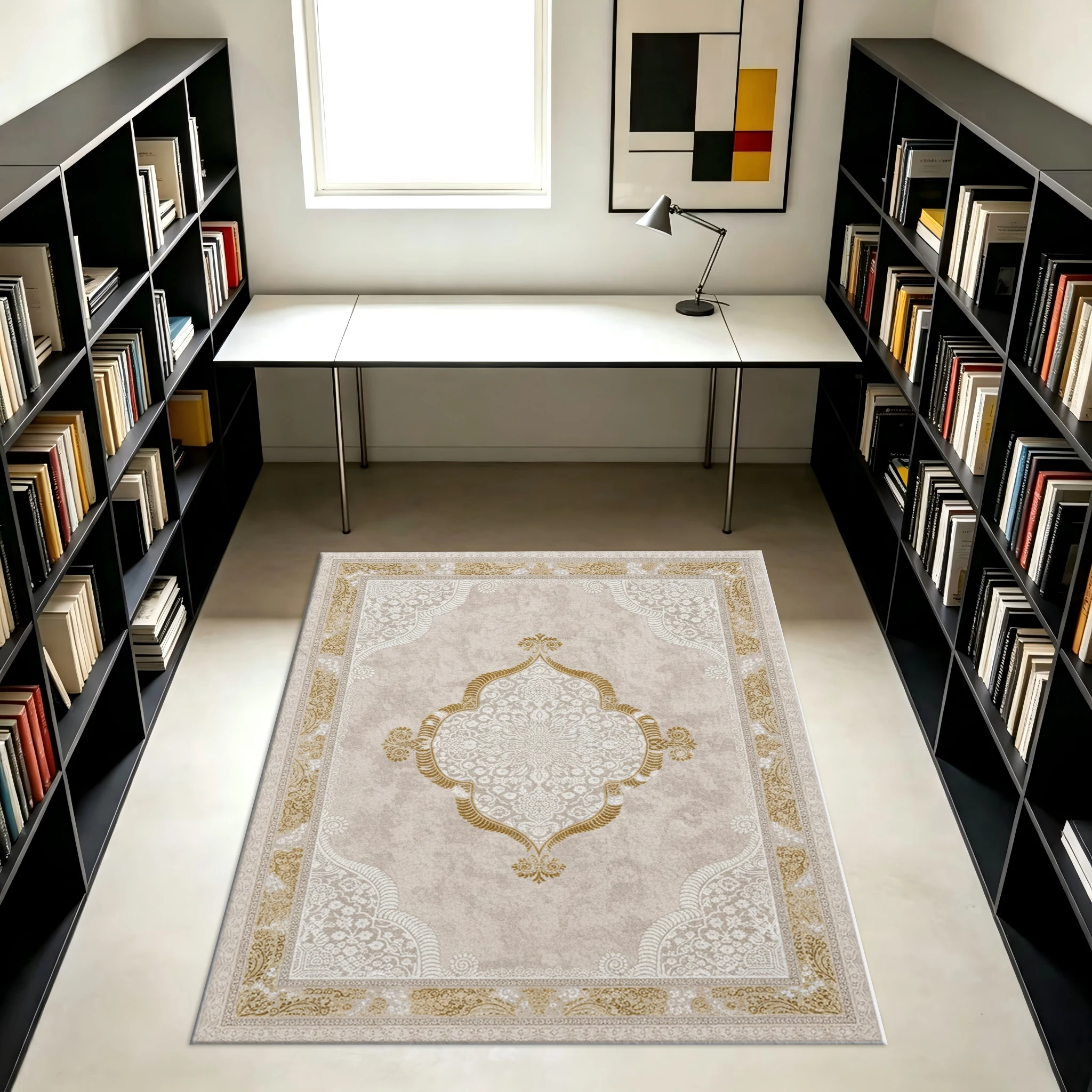 Elegant Vintage Medallion Carpet Flooring, Light Beige Gold Pattern Area Rug for Home Interior