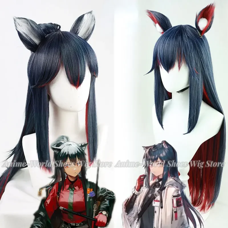 

Arknights Texas Cosplay Wig Ears Long Straight Ponytail Dark Blue Mixed Red Heat Resistant Hair Game Headwear