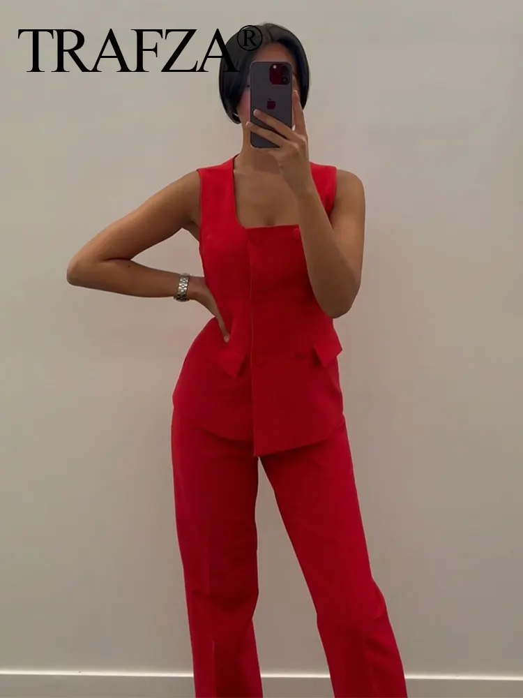 TRAFZA Summer Female Solid Trousers Set Square Collar Double Breasted Vest Top + High Waist Commute Woman Wide Leg Long Pant