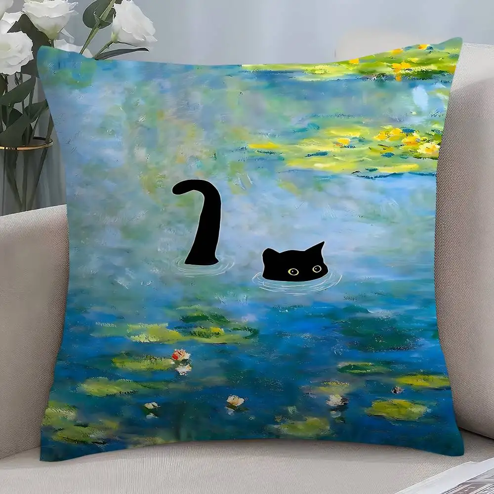 Claude Monet Interesting Cute Black Cat Cushion Cover Car Throw Pillow Case For Sofa Car Christmas Gift 40x40cm 45x45cm