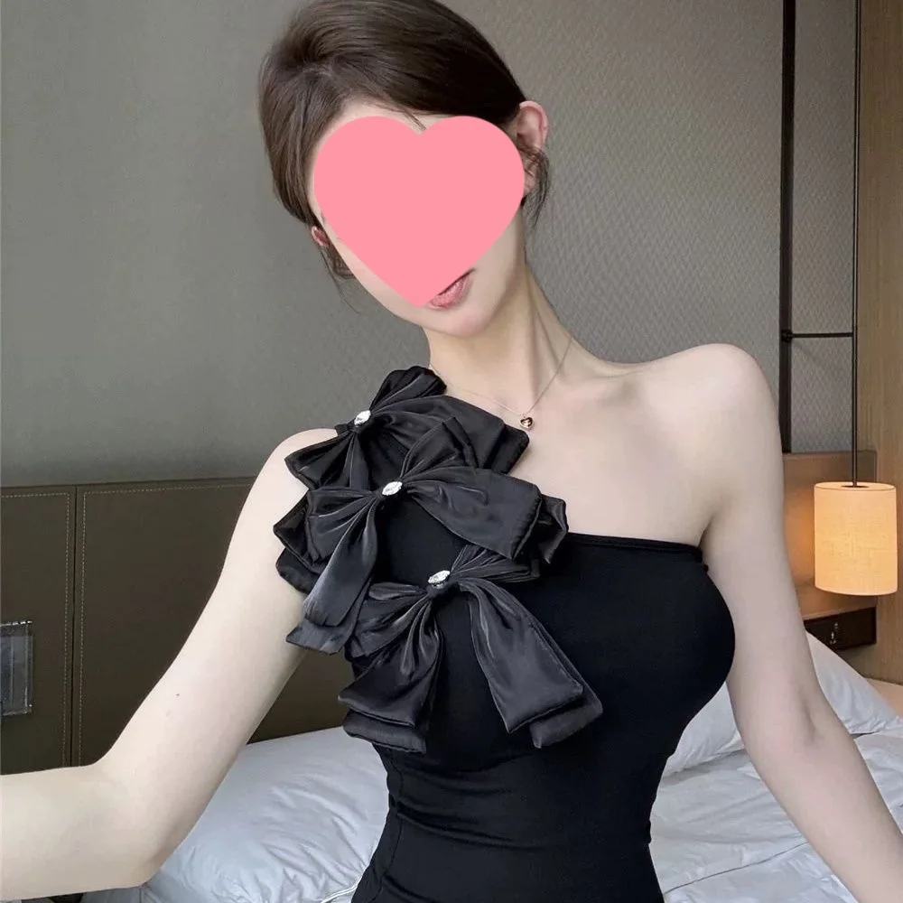 Summer New Arrival Girl's 3d Bow One-shoulder Strapless Top With Korean Sweet And Spicy Sexy Design