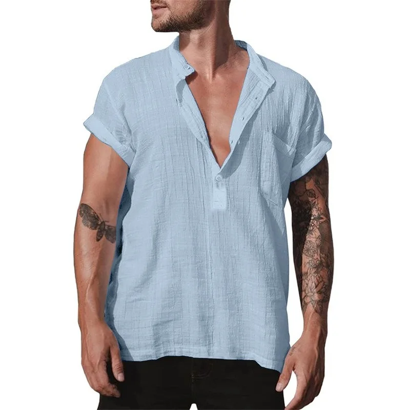 Cotton Linen Shirt Short Sleeves Summer Kurta Solid Men's Casual Tops Notched Neck Half Button Down Plain Shirt Blue White Blue