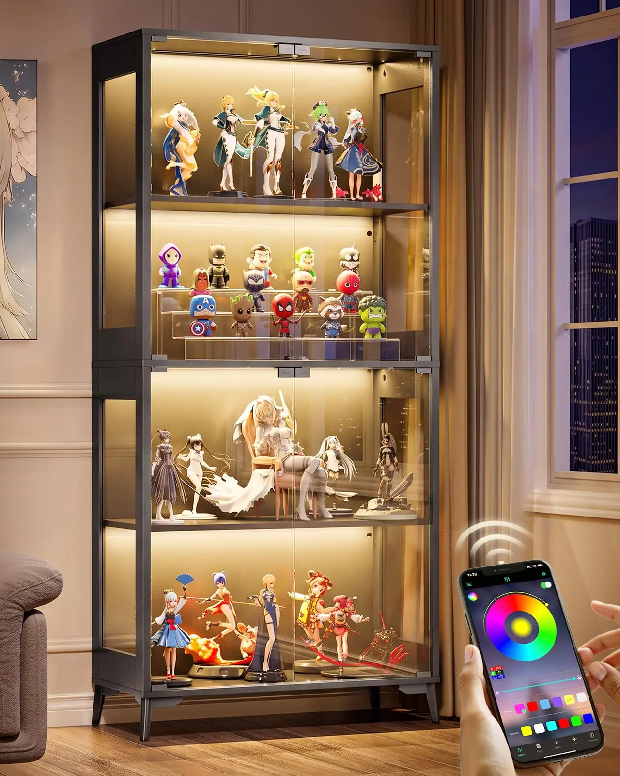 Display Cabinet with Glass Doors, 4-Tier Curio Cabinet with Adjustable Shelves, Glass Display Case for Collectibles