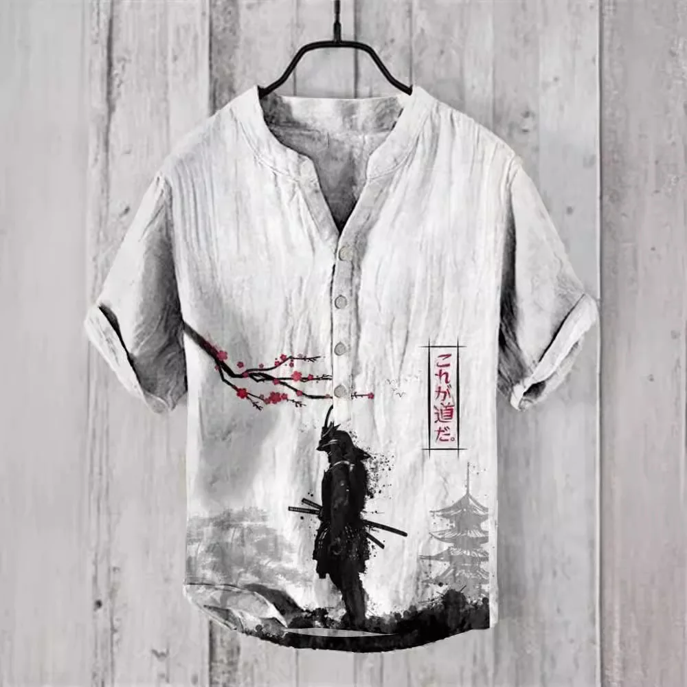 Camiseta artística de manga corta para hombre, de alta gama de Color sólido camisa de lino, edición fina de verano, Retro, cuello levantado, Media Sl, 2024