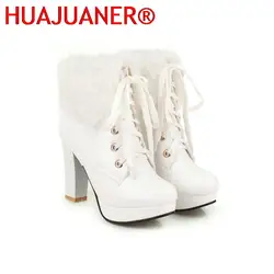 White Fur Platform boots Women's Warm Wool Boots Shoe For Ladies Sexy Sweet Round Toe Lace Up High Block Heel Snow Boots