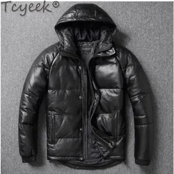 natural Tcyeek.Men's real cowhide jacket,Winter warm duck down coat.Thickened hooded leather cloth.Plus size