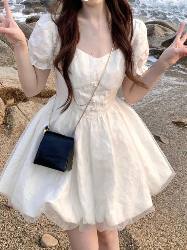 

2023 Summer Pure Color Lolita Dress Women Causal Sweet Short Party Dress Female Elegant Kawaii Basic Mini Dress Korean Fashion