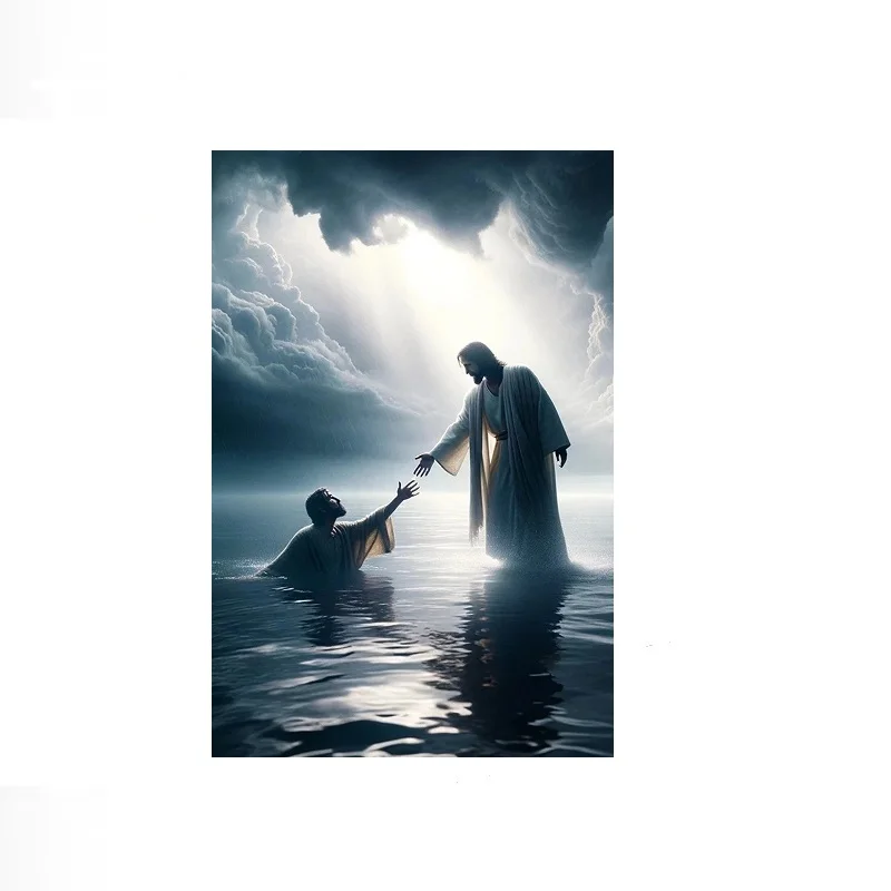 JESUS WALKING ON WATER Saving PETER in the water, Art Print Canvas Poster, Living Room Decor, Home Wall Picture
