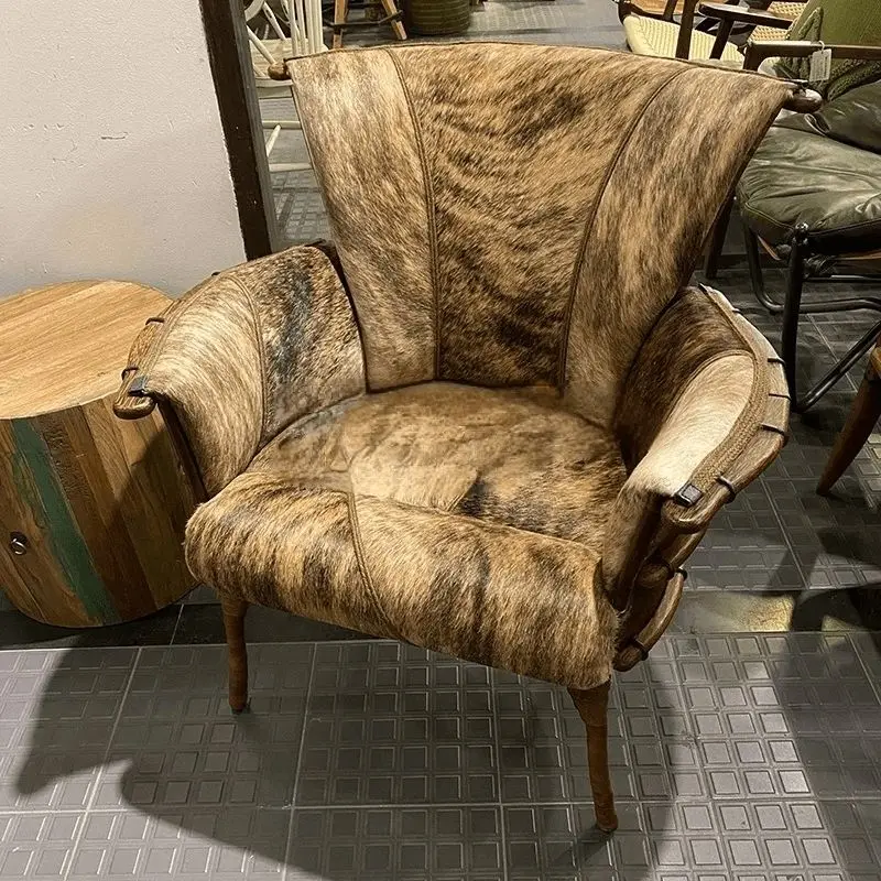 Tea room master chair, sofa chair, living room light luxury red dining high-end chair, fur handmade leather