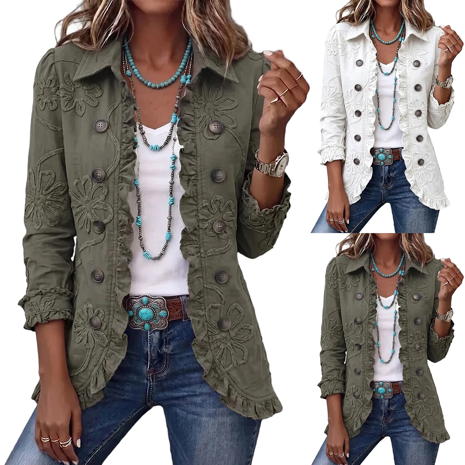  Women's Vintage Solid Printed Lapel Blazer Jackets Ladies Fashion Ruffle Trim Long Sleeve Suit Coat Office Casual Outerwear