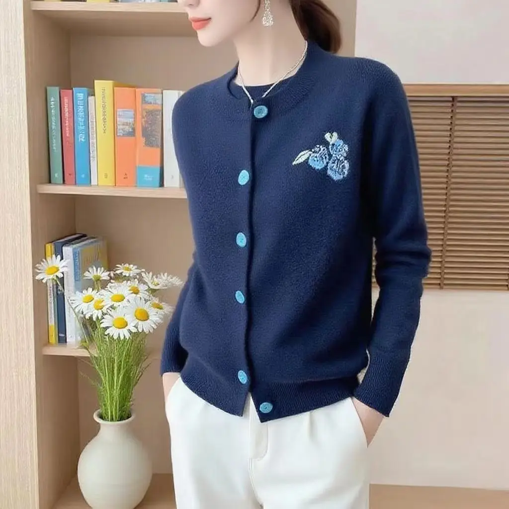 

100% Merino Wool Women Embroidered Blue Cardigan O-Neck Cashmere Long Sleeves Versatile Soft Comfort Warm Clothing Top Casual