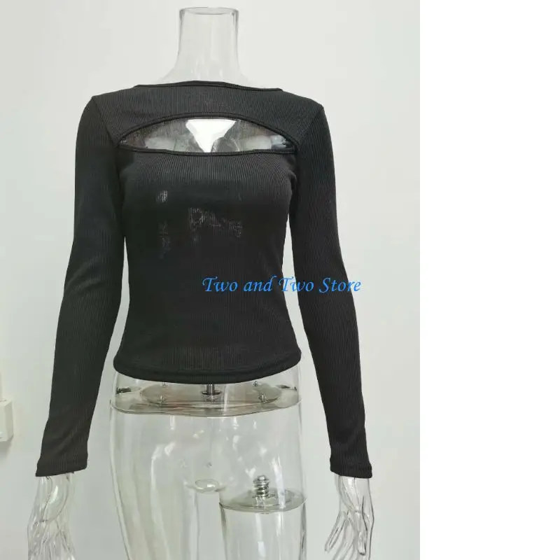 HX6F Women's openwork sweater top, sexy long-sleeved round neck ribbed knit pullover, casual fit shirt