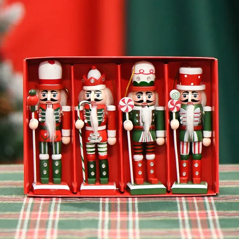Factory Direct 13cm Vintage Wooden Christmas Nutcracker Set 4pcs Red Green Candy Cane Tree Decorations Gift