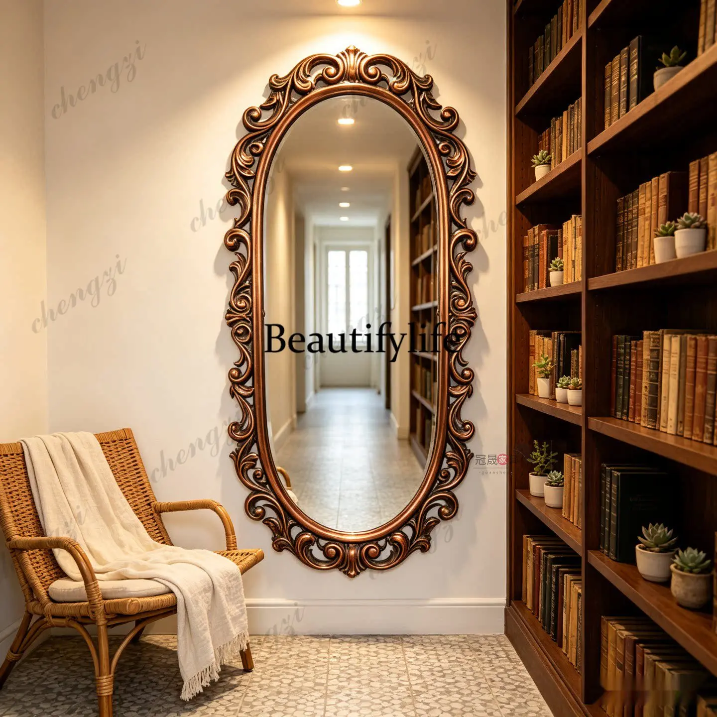 French oval carved full-length mirror, living room entrance wall-mounted dressing mirror, American pre-owned bedroom mirror