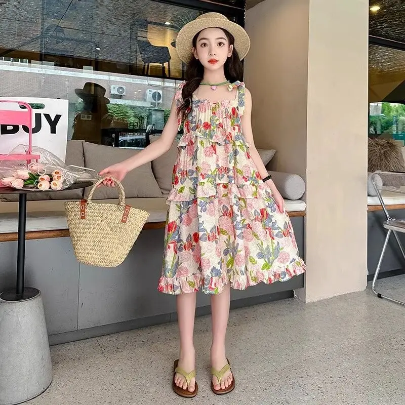 

Girls' spaghetti strap dress summer new stylish children's vacation floral beach dress 110-170cm
